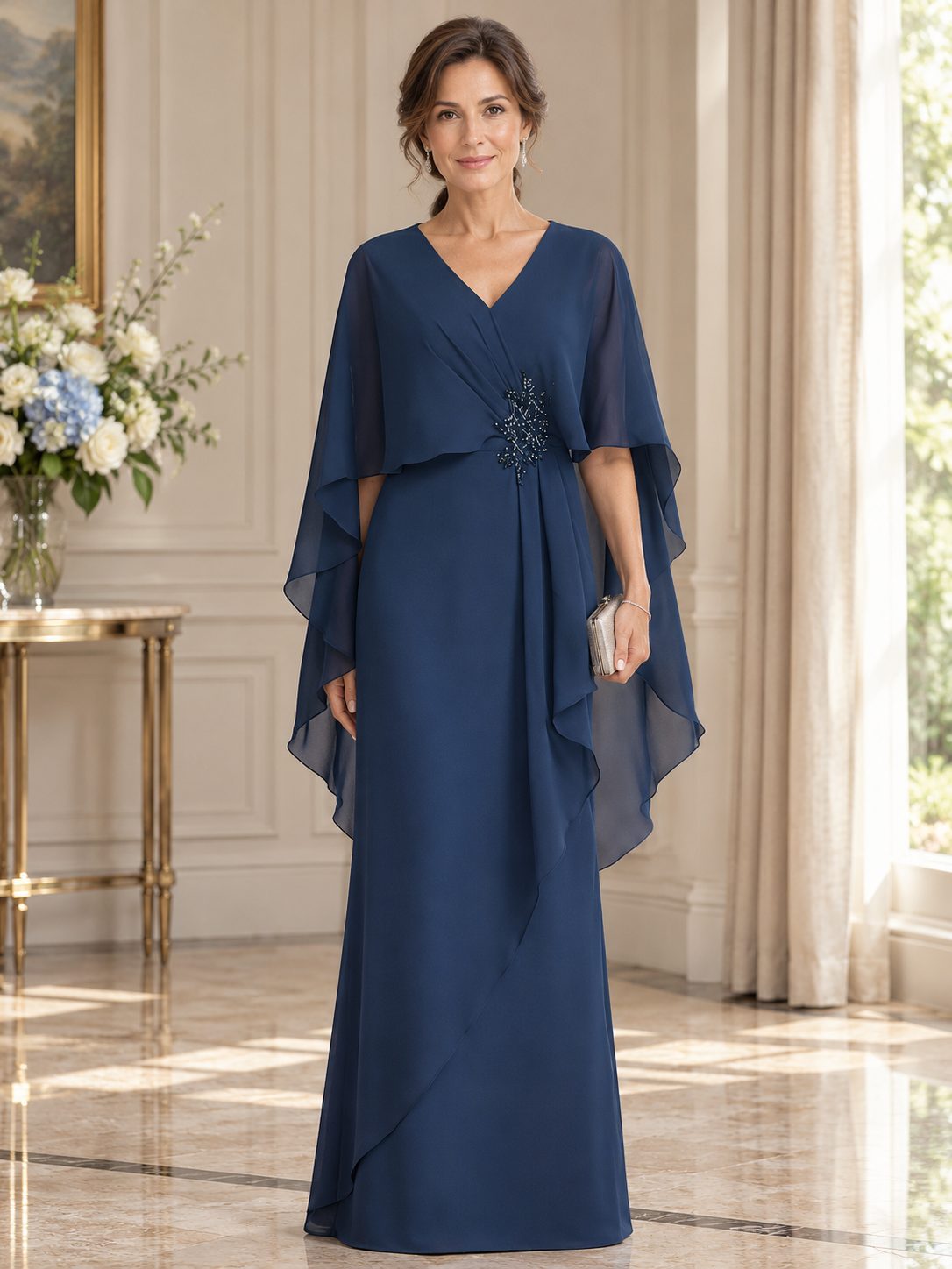 Slate Blue V-Neck with Cape Overlay Chiffon Maxi Dress