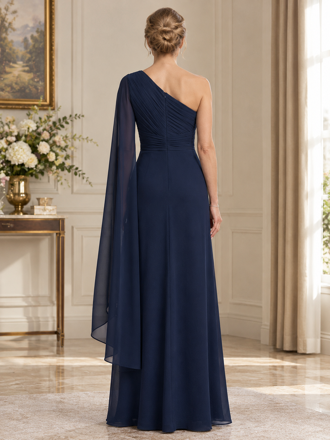 Navy Blue One-Shoulder Ruched Chiffon Maxi Dress