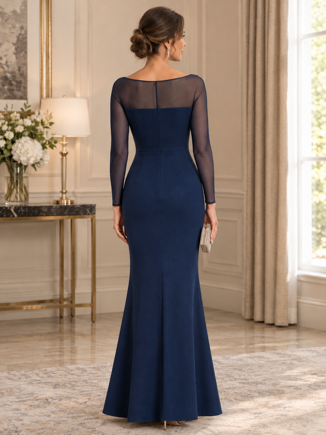 Navy Blue 3D Floral Blended Illusion Neckline Maxi Dress