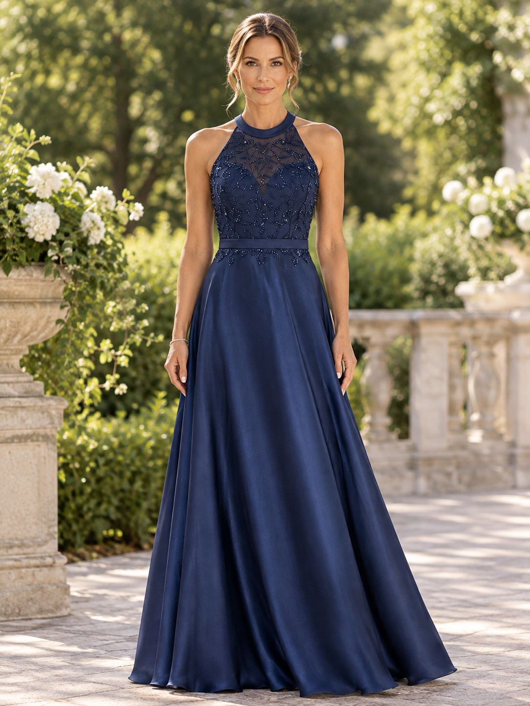 Navy Blue Halter Neck Chiffon Sleeveless Maxi Dress