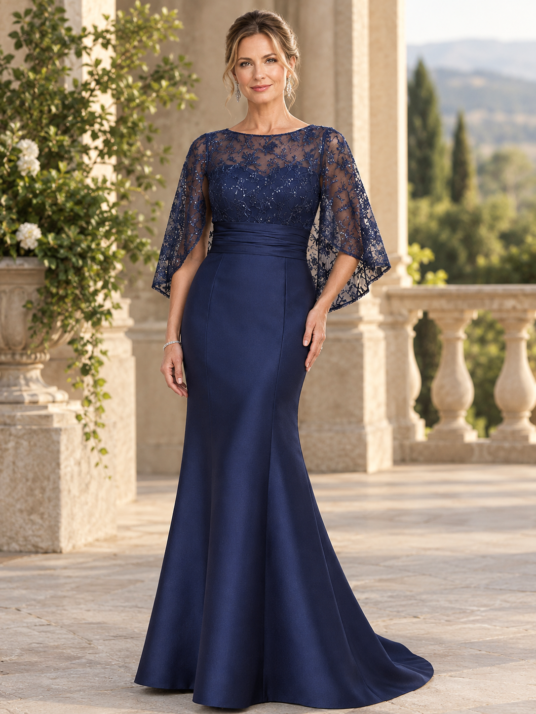 Navy Blue Elegant Sequin Lace Cape Sleeve Satin Mermaid Maxi Dress