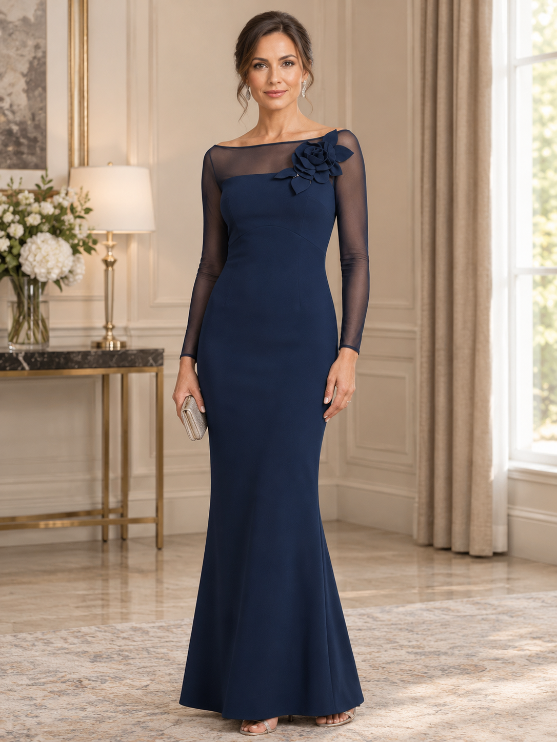 Navy Blue 3D Floral Blended Illusion Neckline Maxi Dress