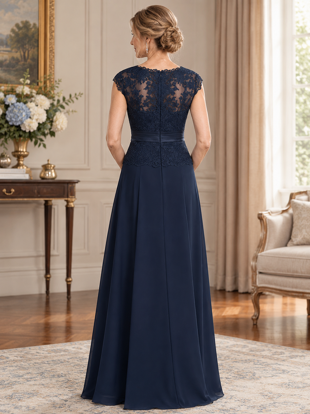 Navy Blue Elegant Lace Applique Chiffon Maxi Dress