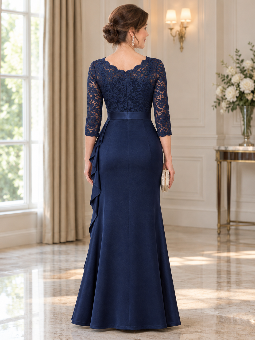 Navy Blue Lace Satin 3/4 Sleeve Maxi Dress