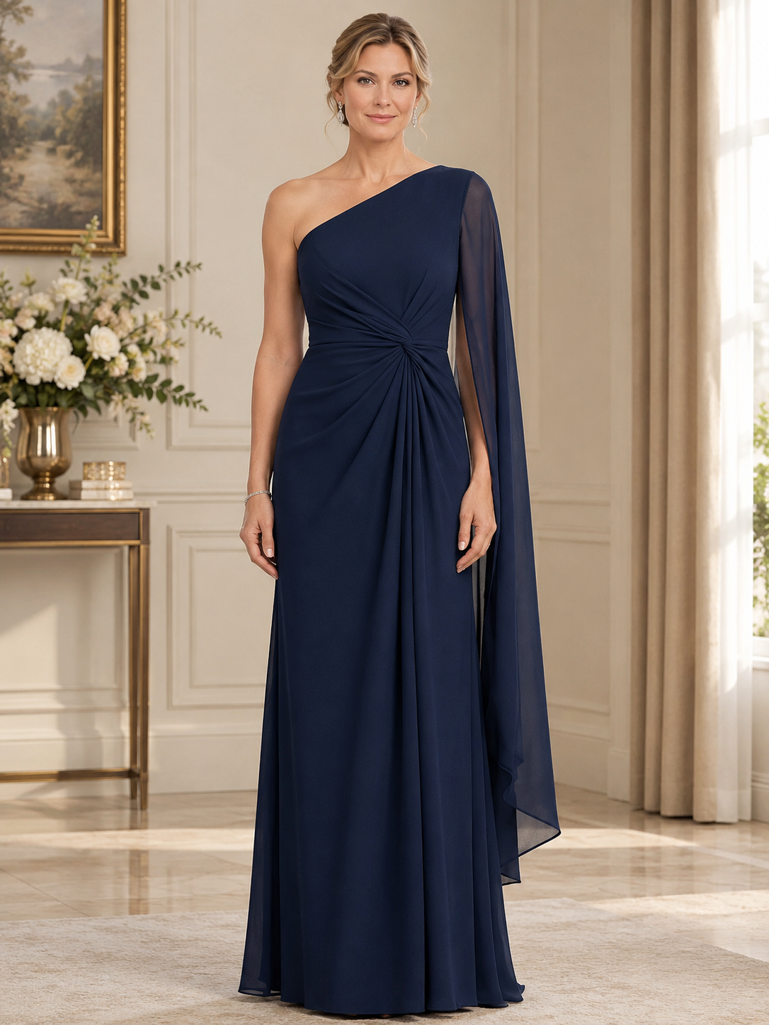 Navy Blue One-Shoulder Ruched Chiffon Maxi Dress