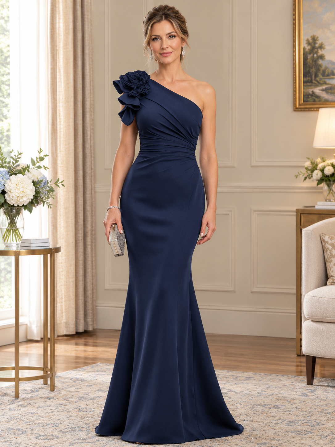 Navy Blue 3D Floral Applique Chiffon One-Shoulder Maxi Dress