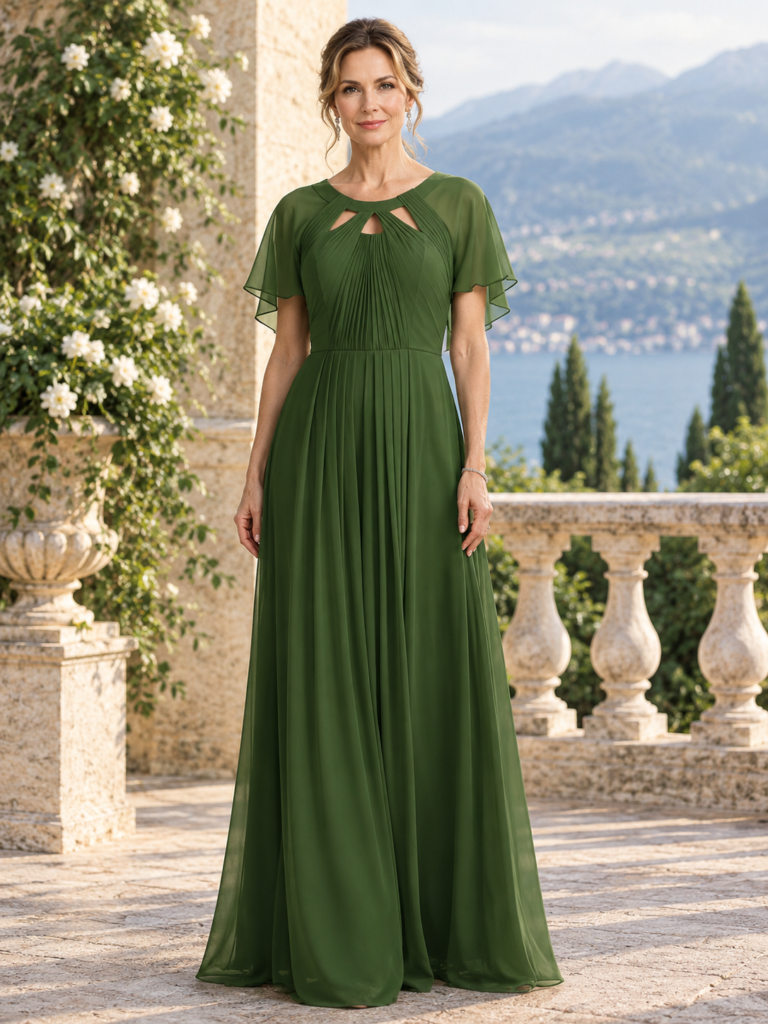 Green Chiffon Cutout Neck Pleated A-Line Maxi Dress