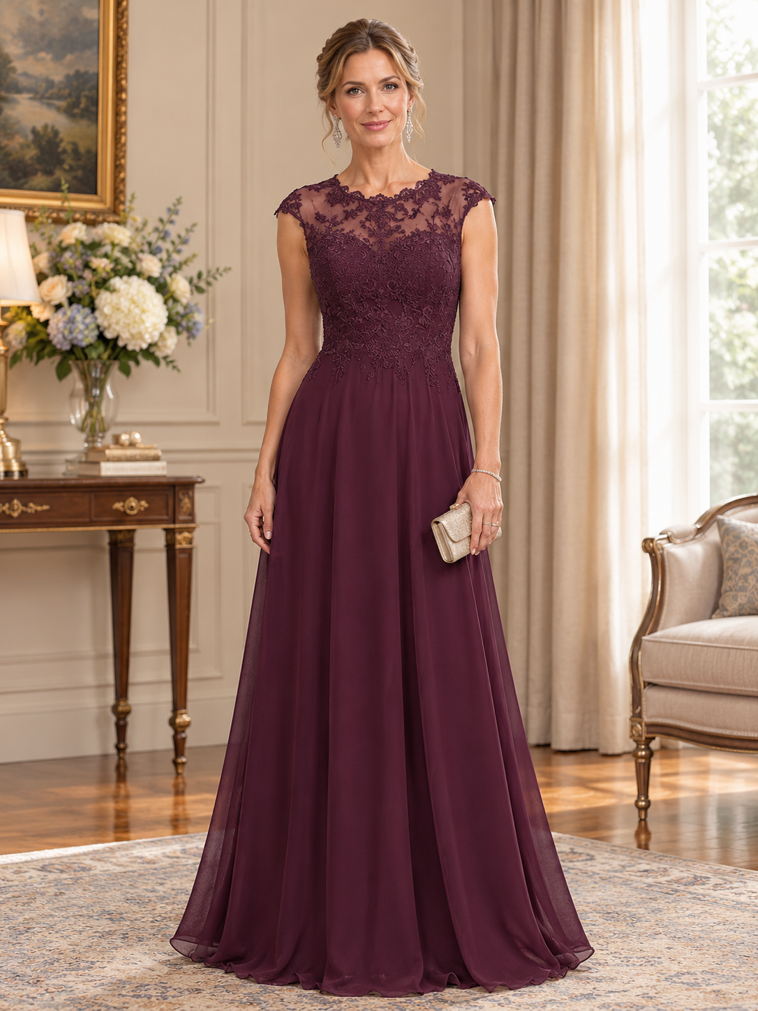 Burgundy Lace Applique Chiffon A-Line Maxi Dress
