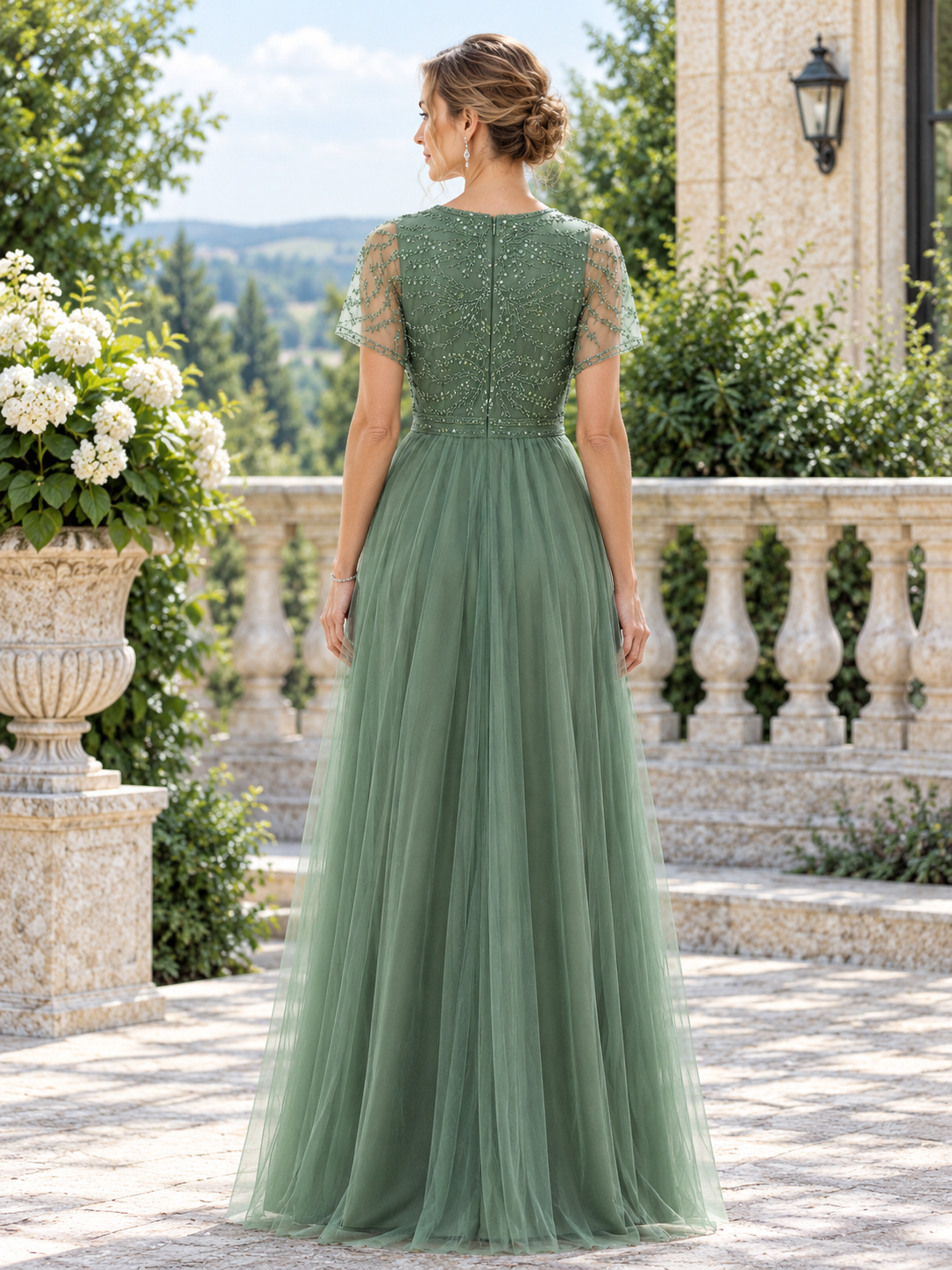 Gray-Green Chiffon Mesh Lace Embroidered V-Neck Maxi Dress