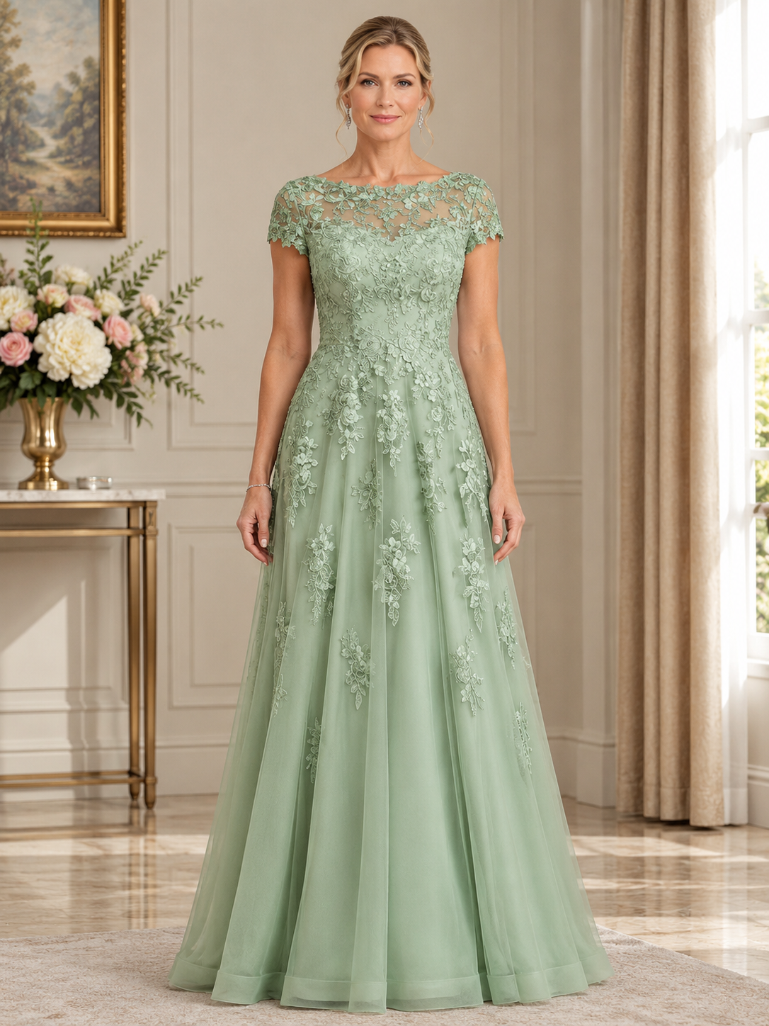 Sage Green Illusion Neck Chiffon Maxi Dress