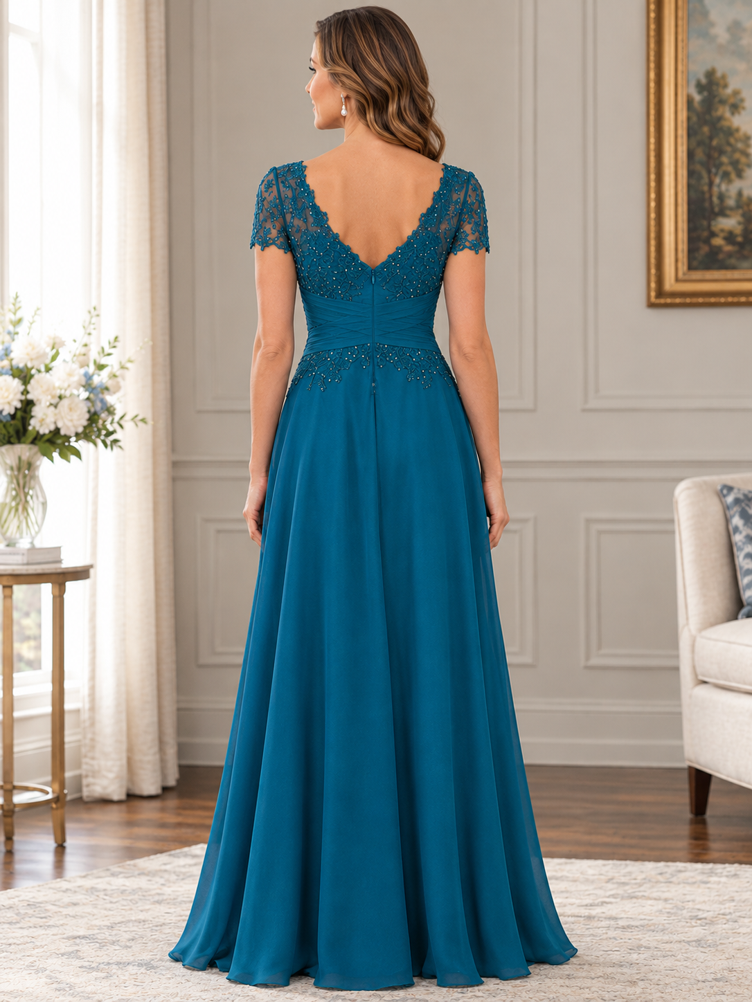 Teal Blue V-Neck Short Sleeve Chiffon Maxi Dress