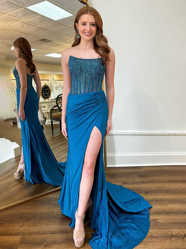 Dark Blue Mermaid Strapless Glitter Top Long Satin Prom Dress with Slit