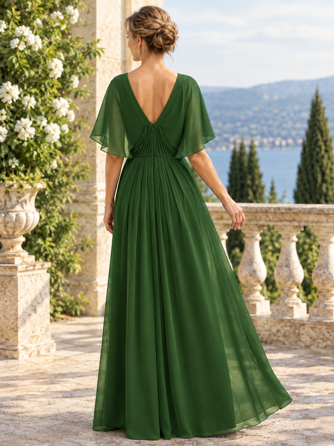 Green Chiffon Cutout Neck Pleated A-Line Maxi Dress