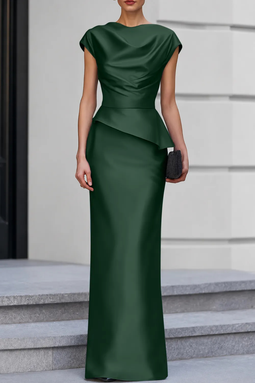 Navy Blue Cap Sleeve Satin Cowl Neck Peplum Maxi Dress