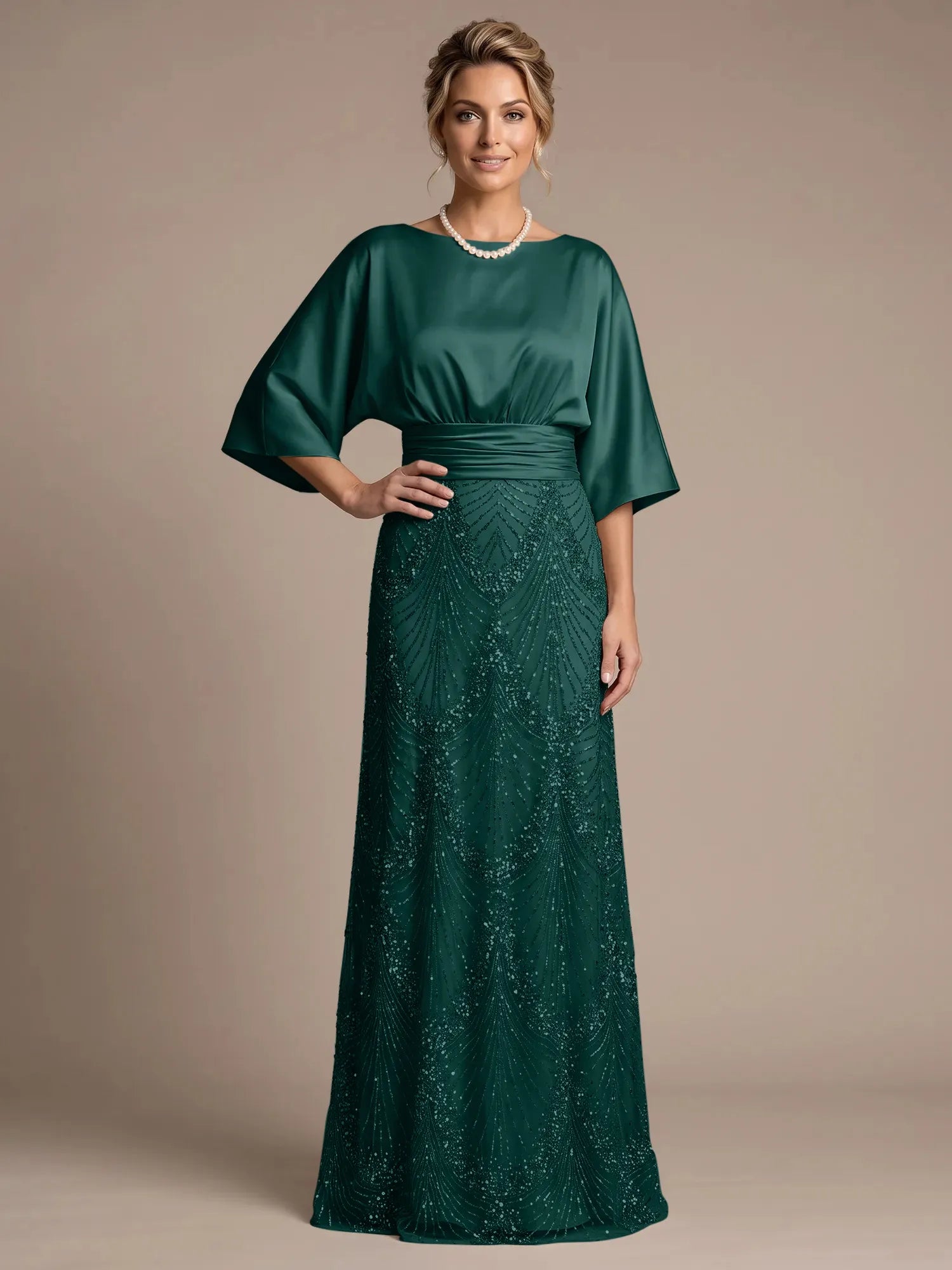 Champagne Bateau Neck Satin 3/4 Batwing Sleeves Maxi Dress