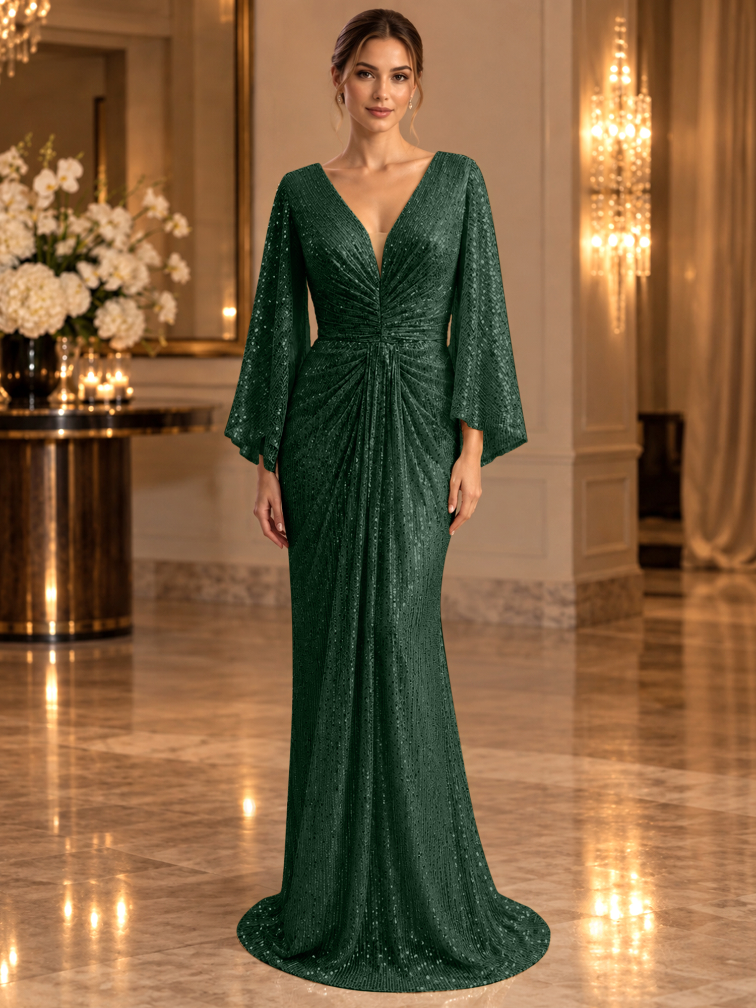 Gold Sequined V Neck Flare Sleeve Mermaid Maxi Dress