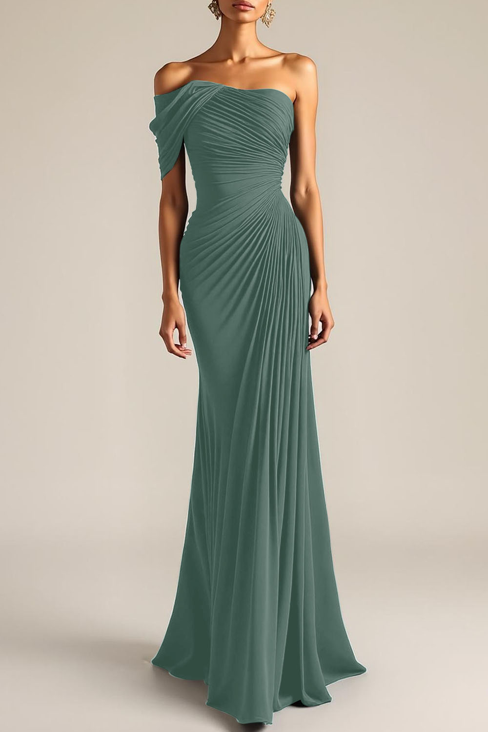 Evening Formal Dress Peacock Blue Sheath One Shoulder Maxi Dress