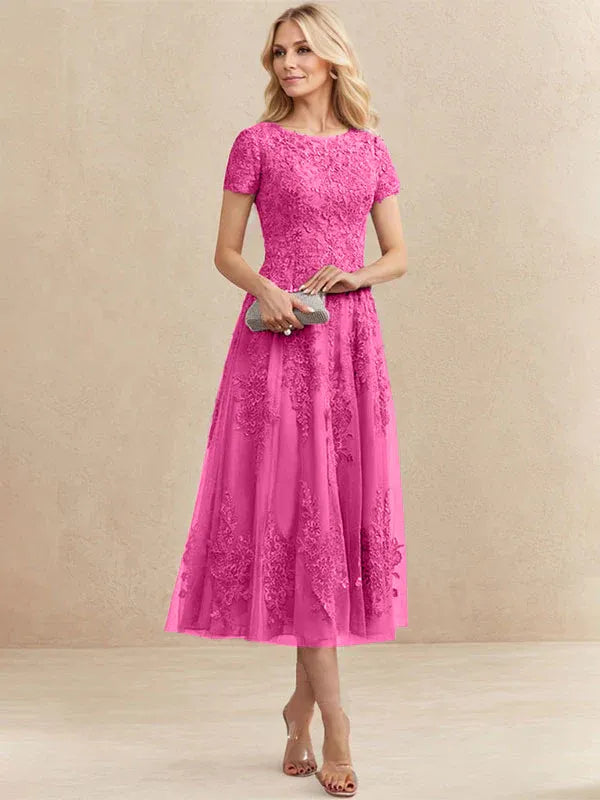 A-line Scoop Tea-Length Tulle Lace Mother of the Bride Dress
