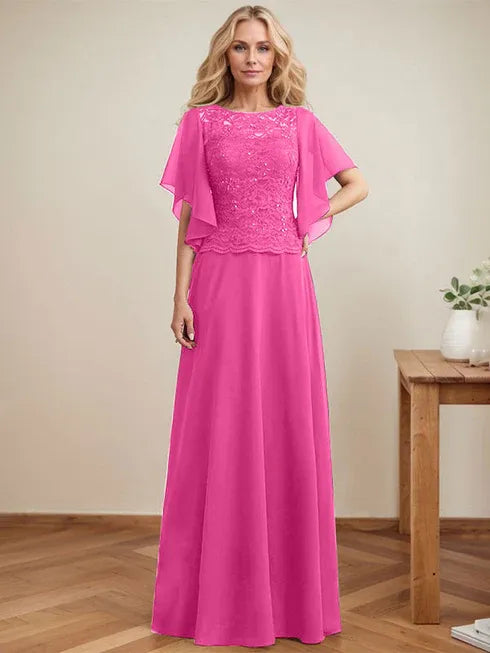 A-line Scoop Illusion Floor-Length Lace Chiffon Mother of the Bride Dress With Sequins