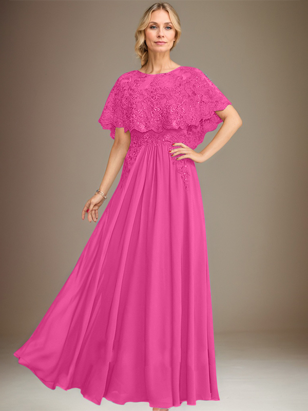 A-line Boat Neck Floor-Length Lace Chiffon Mother of the Bride Dress With Applique Sequins