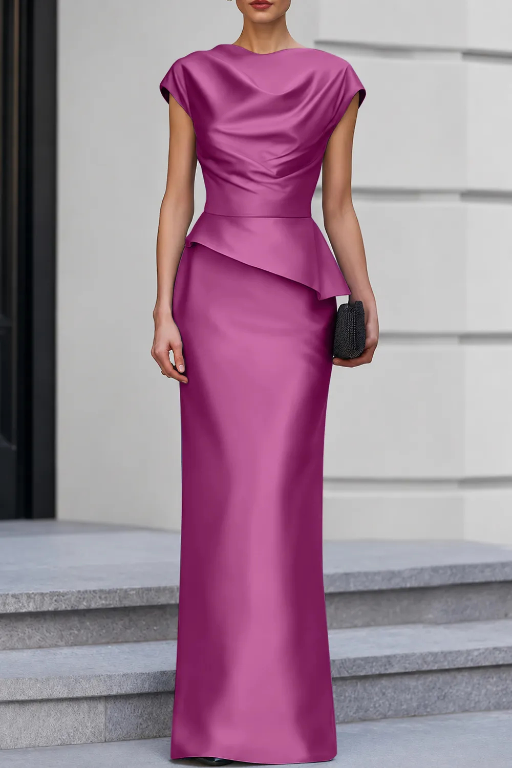 Navy Blue Cap Sleeve Satin Cowl Neck Peplum Maxi Dress