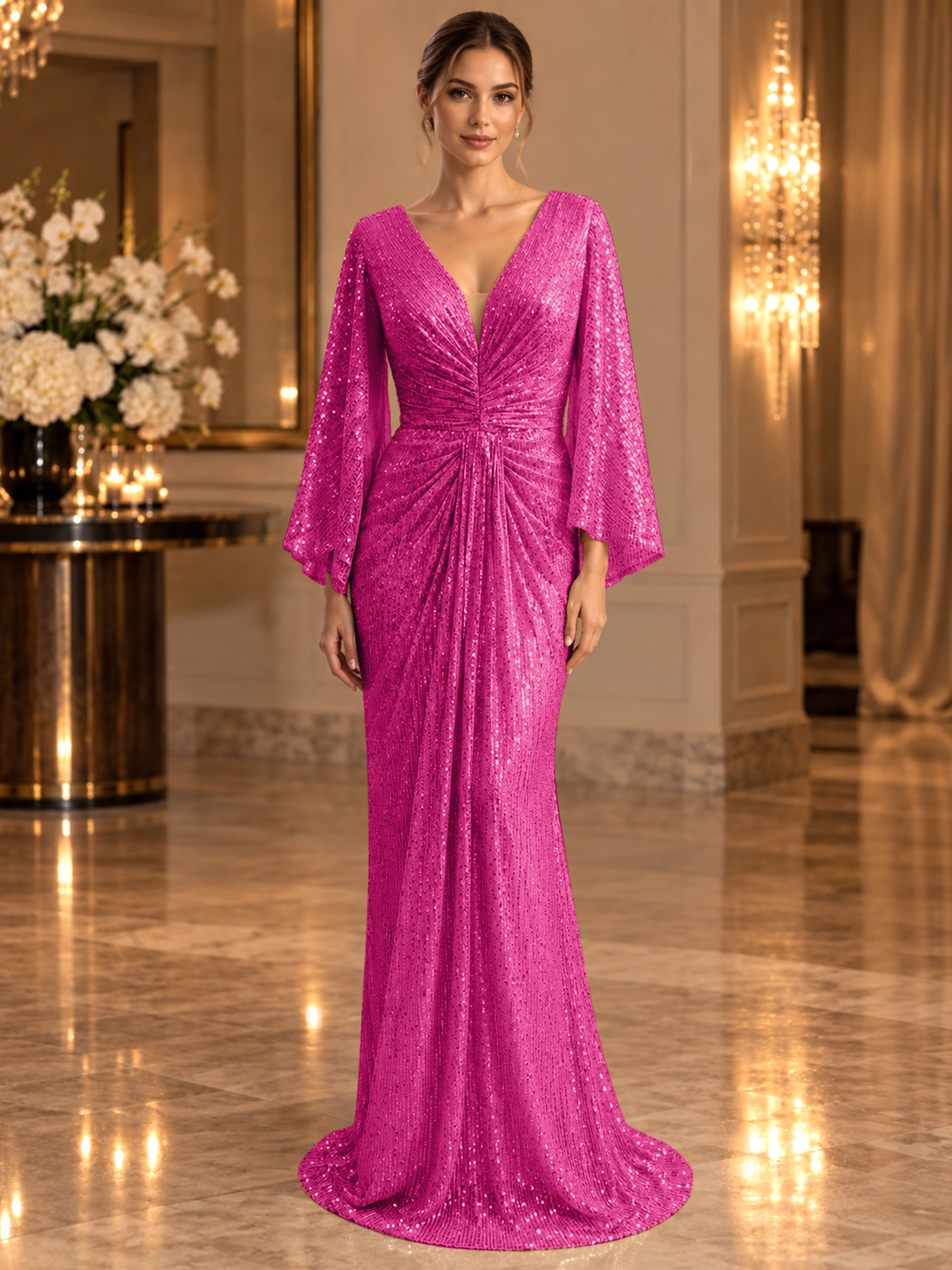 Gold Sequined V Neck Flare Sleeve Mermaid Maxi Dress