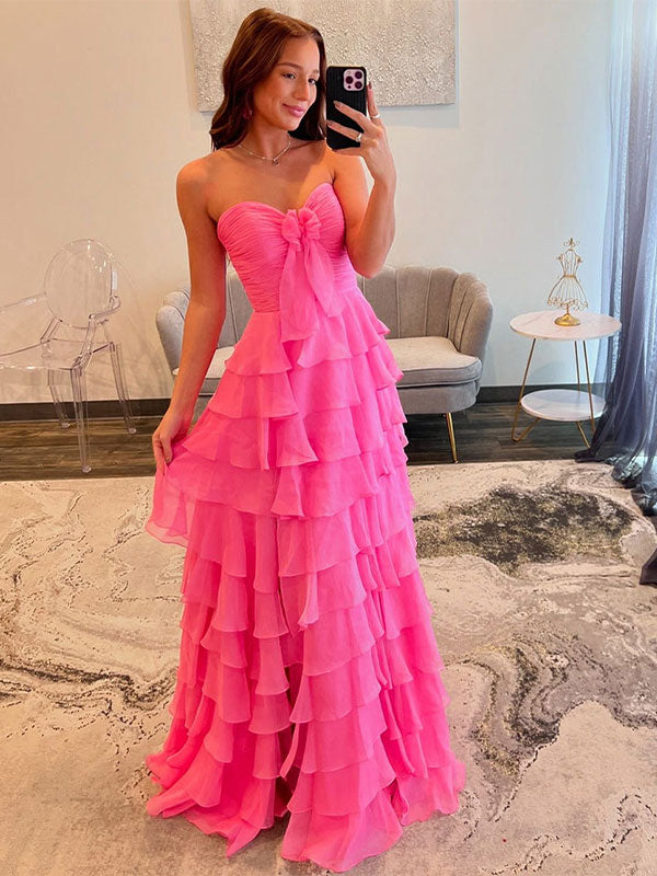 A-Line Sweetheart Chiffon Tiered Long Prom Dress with Slit