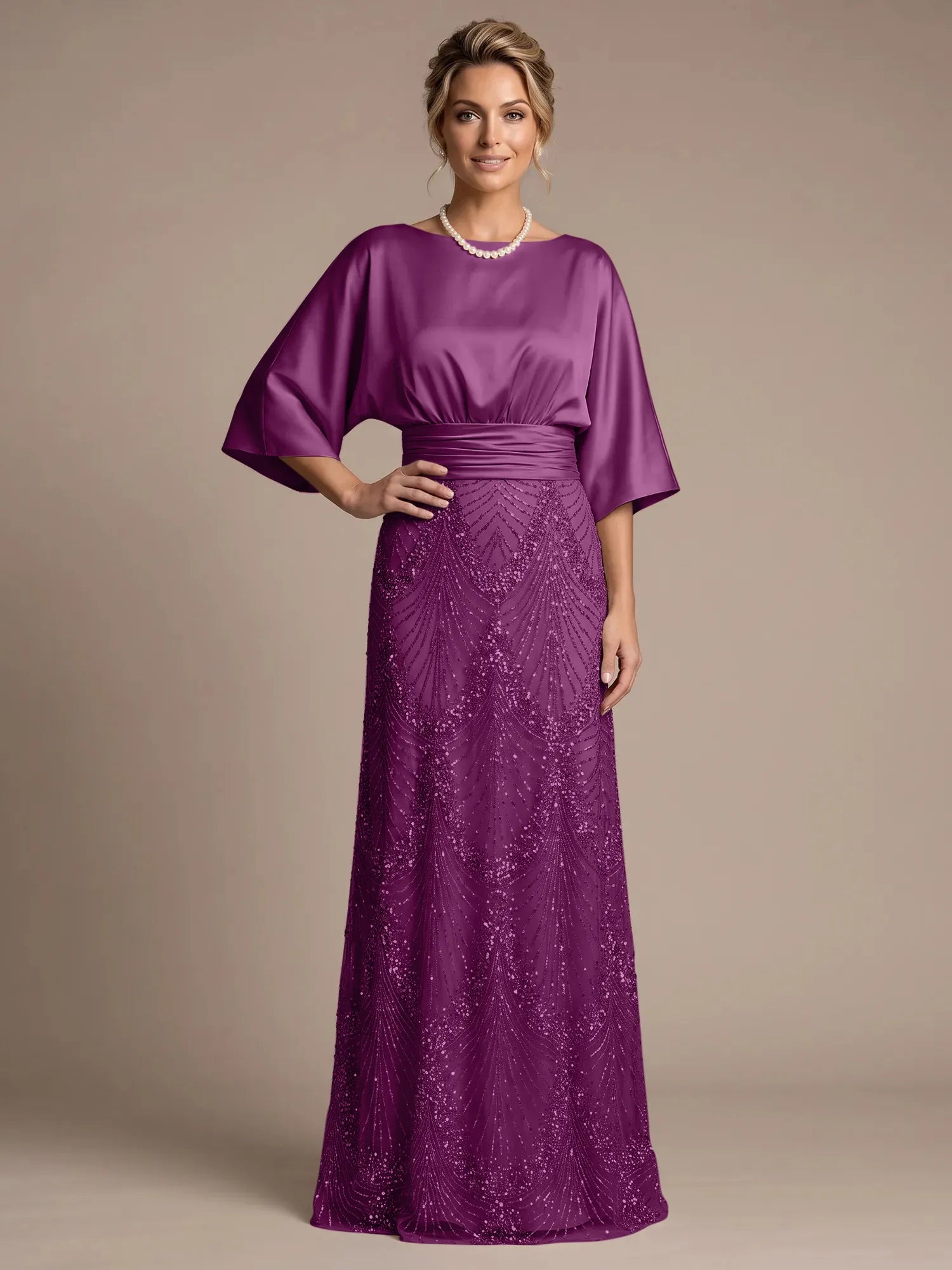 Champagne Bateau Neck Satin 3/4 Batwing Sleeves Maxi Dress