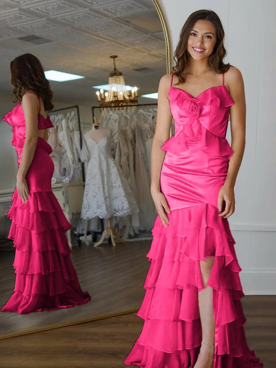 Yellow Mermaid Ruffle Chiffon Long Prom Dress with Flower