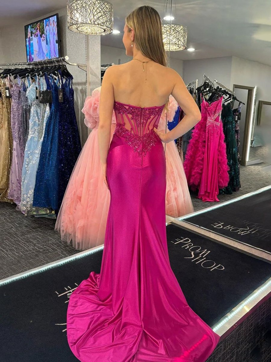 Fuchsia Mermaid Strapless Appliqued Satin Long Prom Dresses with Slit