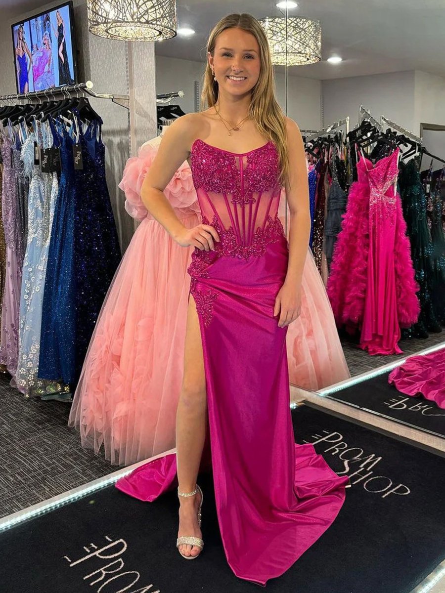 Fuchsia Mermaid Strapless Appliqued Satin Long Prom Dresses with Slit