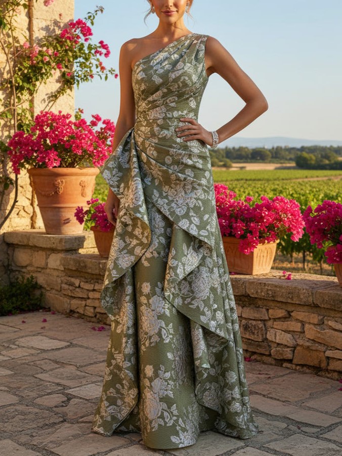 Jacquard A-Line One Shoulder Maxi Dress with Ruffles