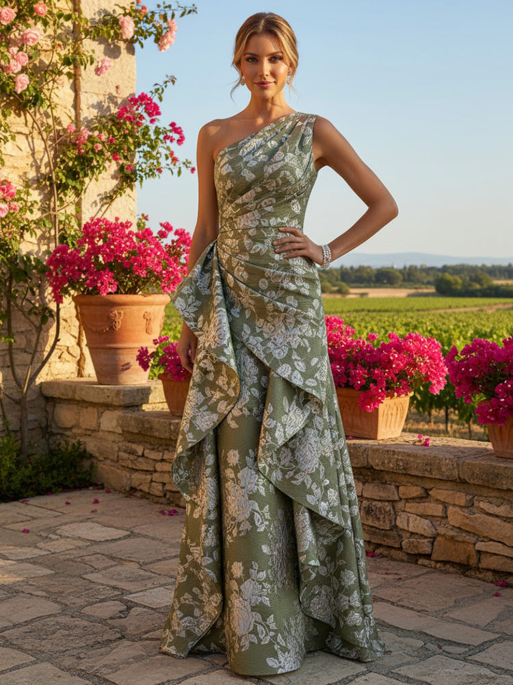 Jacquard A-Line One Shoulder Maxi Dress with Ruffles