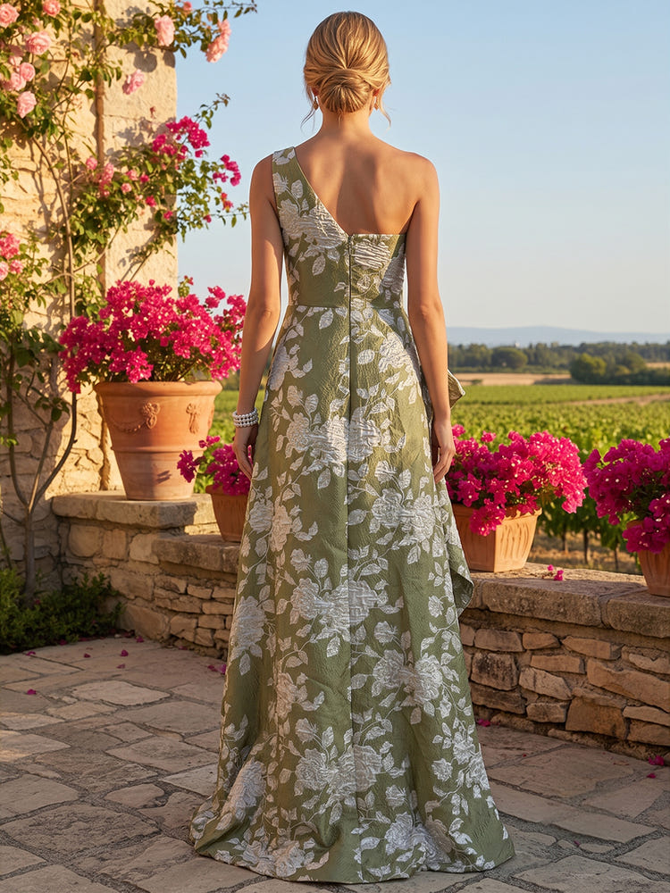 Jacquard A-Line One Shoulder Maxi Dress with Ruffles