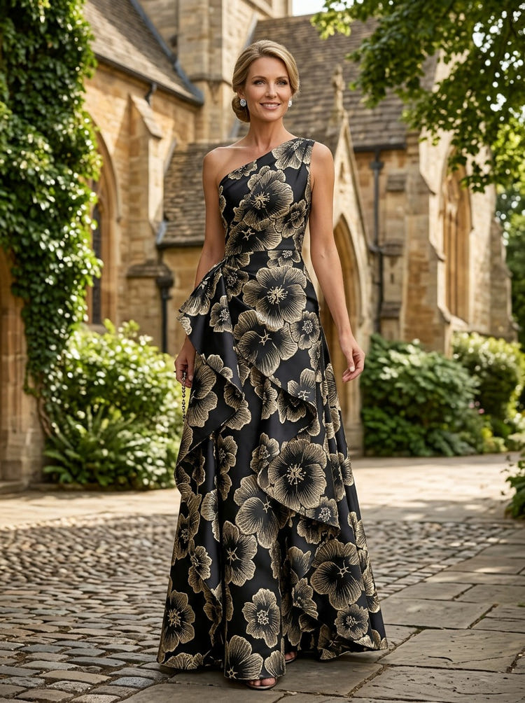 Jacquard A-Line One Shoulder Maxi Dress with Ruffles
