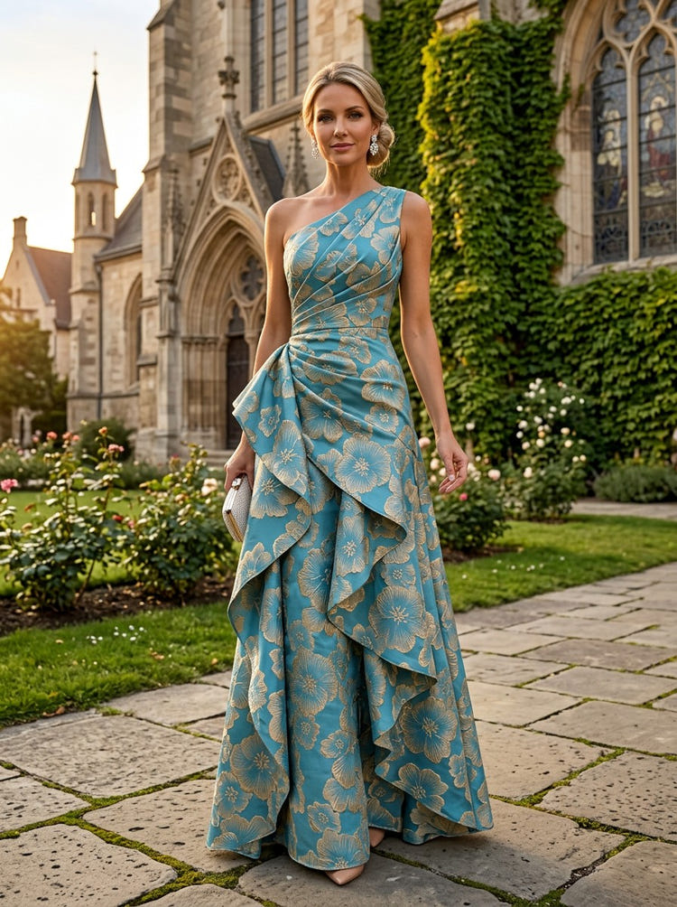 Jacquard A-Line One Shoulder Maxi Dress with Ruffles