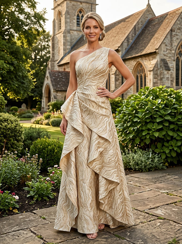 Jacquard A-Line One Shoulder Maxi Dress with Ruffles