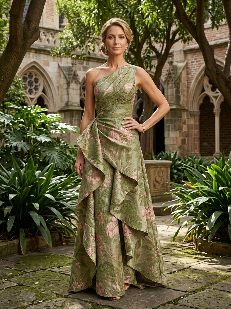 Jacquard A-Line One Shoulder Maxi Dress with Ruffles