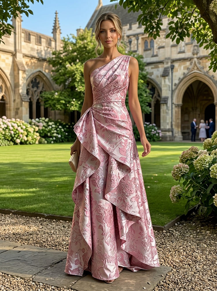 Jacquard A-Line One Shoulder Maxi Dress with Ruffles