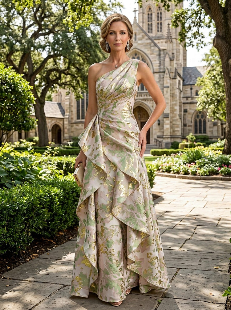Jacquard A-Line One Shoulder Maxi Dress with Ruffles