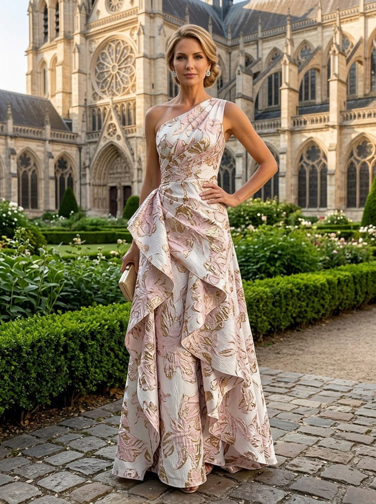 Jacquard A-Line One Shoulder Maxi Dress with Ruffles