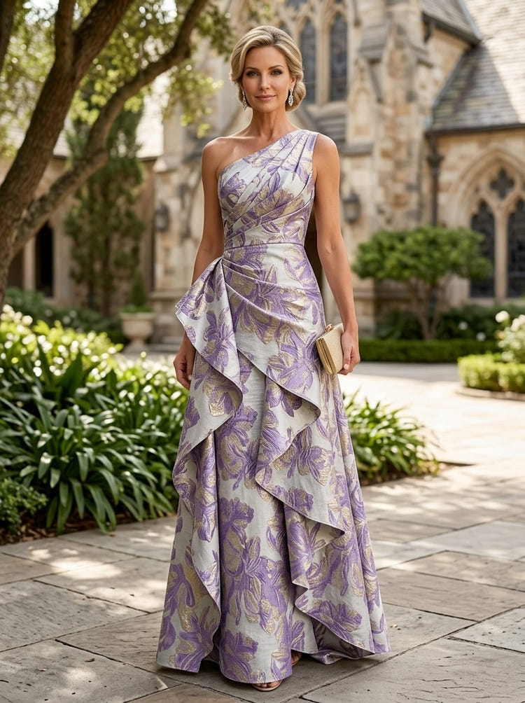 Jacquard A-Line One Shoulder Maxi Dress with Ruffles