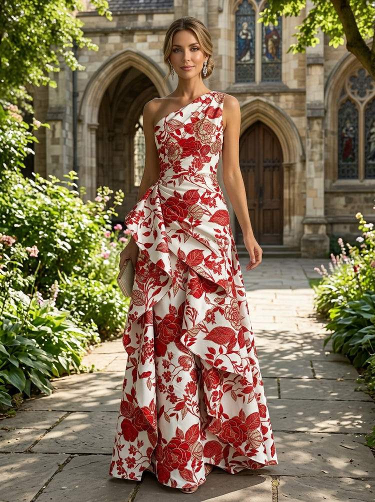 Jacquard A-Line One Shoulder Maxi Dress with Ruffles