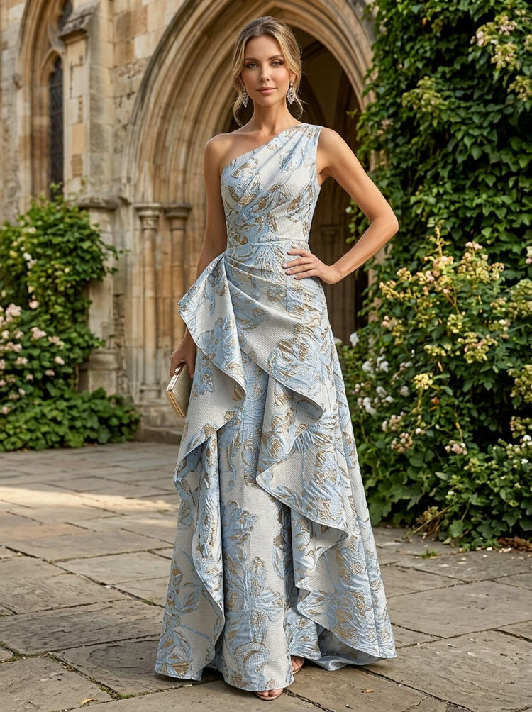 Jacquard A-Line One Shoulder Maxi Dress with Ruffles