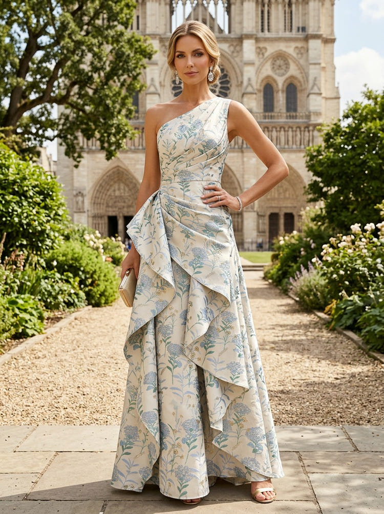 Jacquard A-Line One Shoulder Maxi Dress with Ruffles