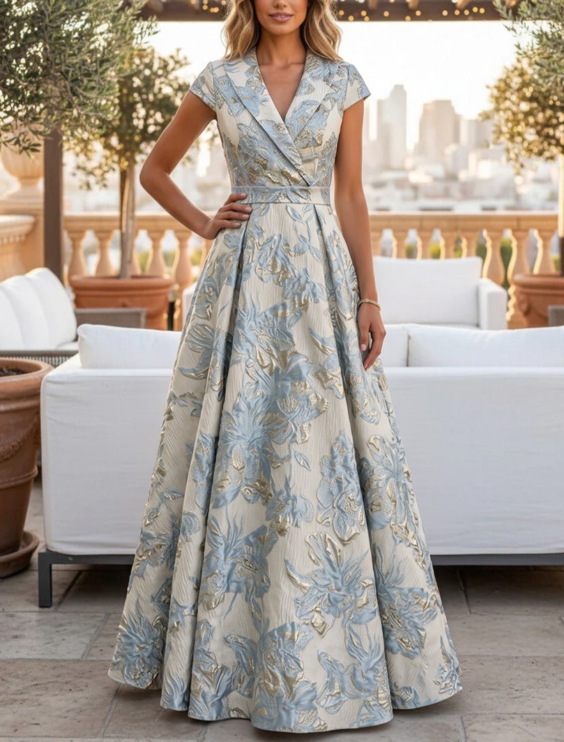 Jacquard A-Line V Neck Short Sleeves Pleated Maxi Dresses