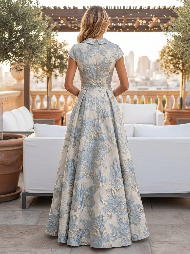 Jacquard A-Line V Neck Short Sleeves Pleated Maxi Dresses
