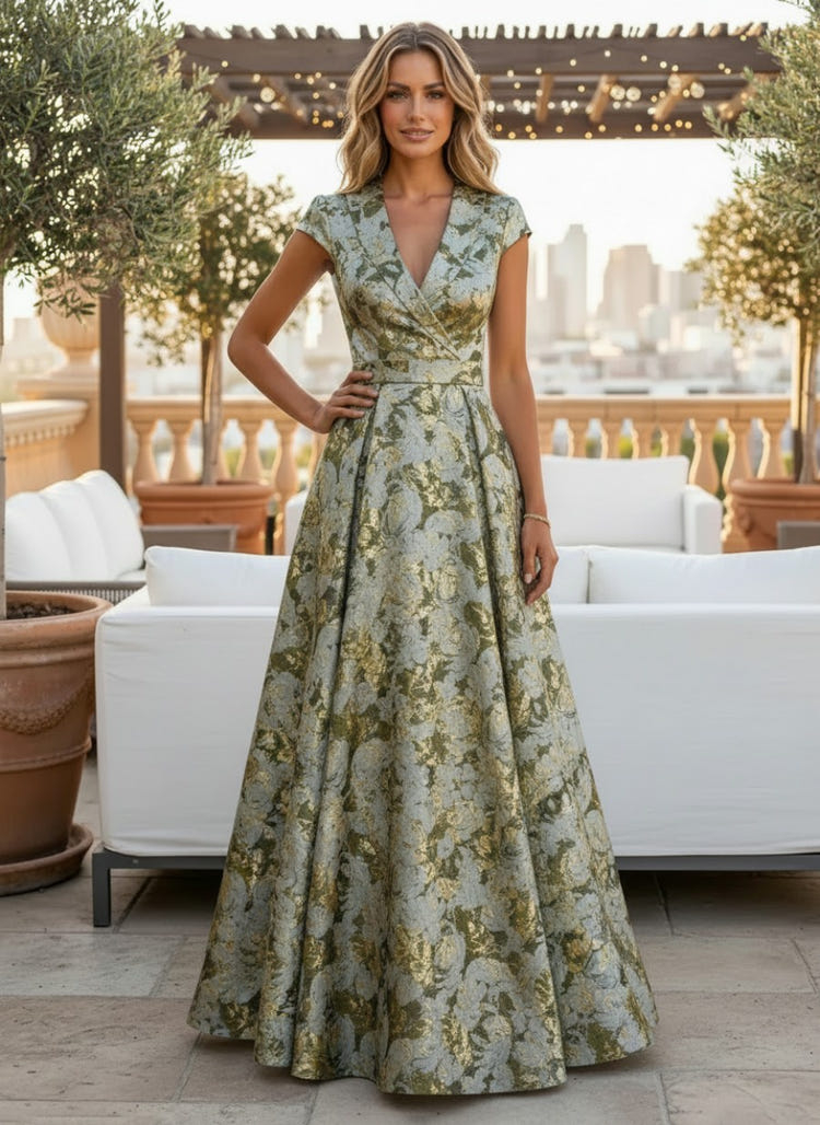 Jacquard A-Line V Neck Short Sleeves Pleated Maxi Dresses