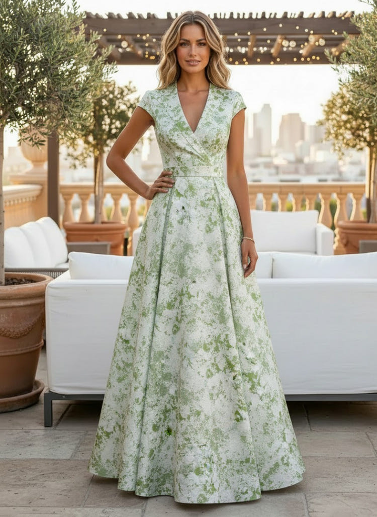 Jacquard A-Line V Neck Short Sleeves Pleated Maxi Dresses