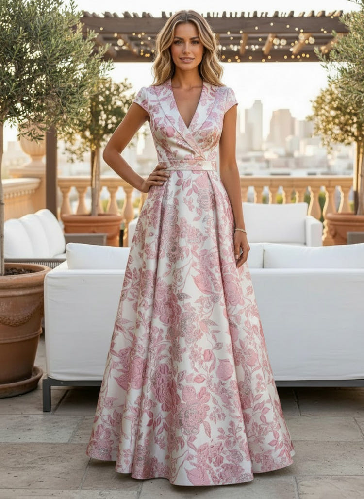 Jacquard A-Line V Neck Short Sleeves Pleated Maxi Dresses